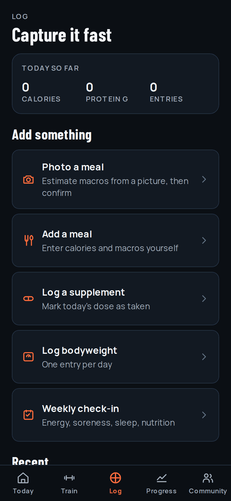 The Log screen offering meal photo estimation, manual meals, supplements, bodyweight, and a weekly check-in