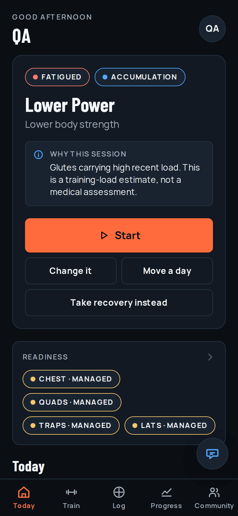 The Today screen showing a single recommended session with the reason it was chosen