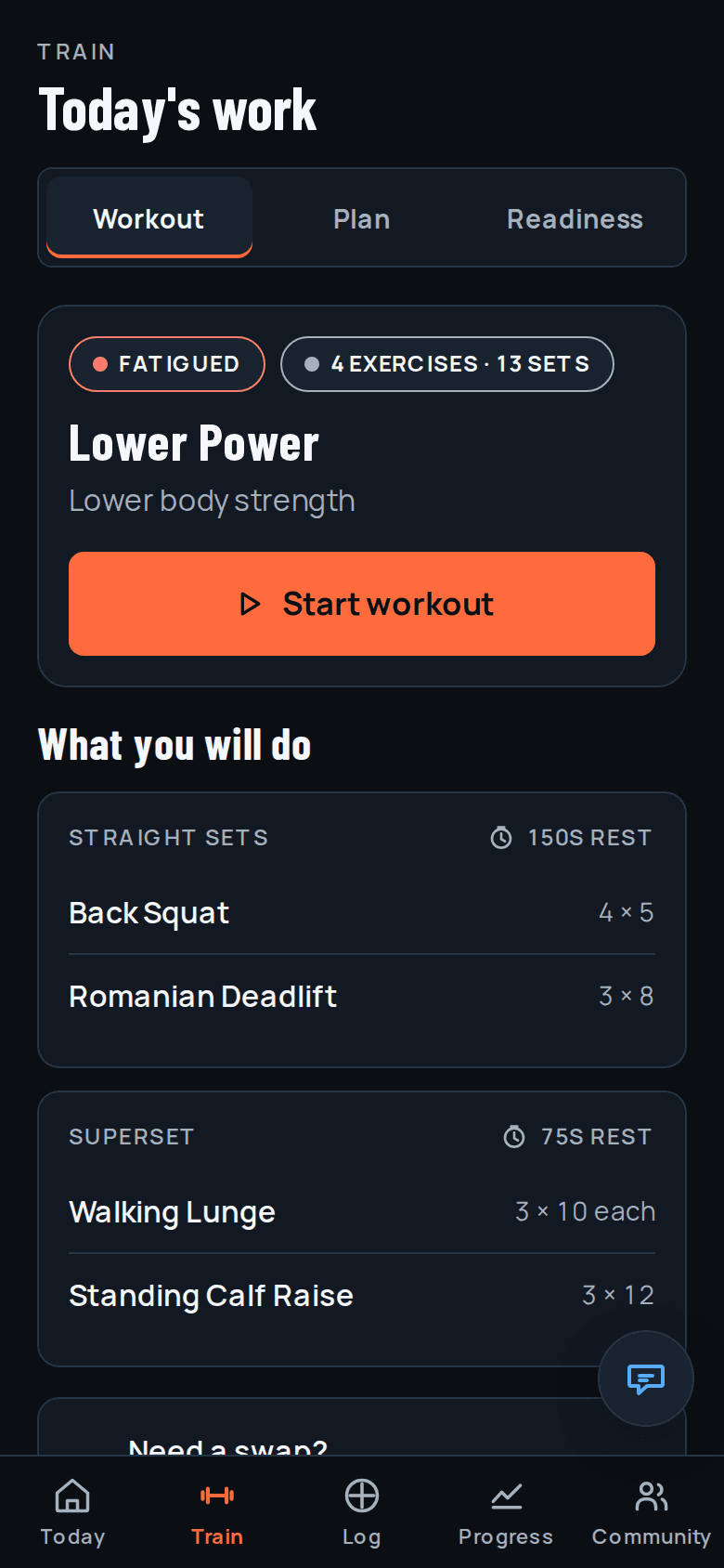 The Train screen showing the session split into straight sets and supersets with prescribed reps and rest